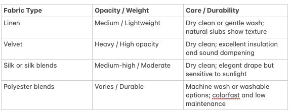 

Fabric comparison table