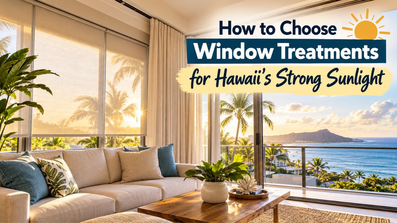 Coastal Hawaii living room with window treatments overlooking the ocean and bright sunlight