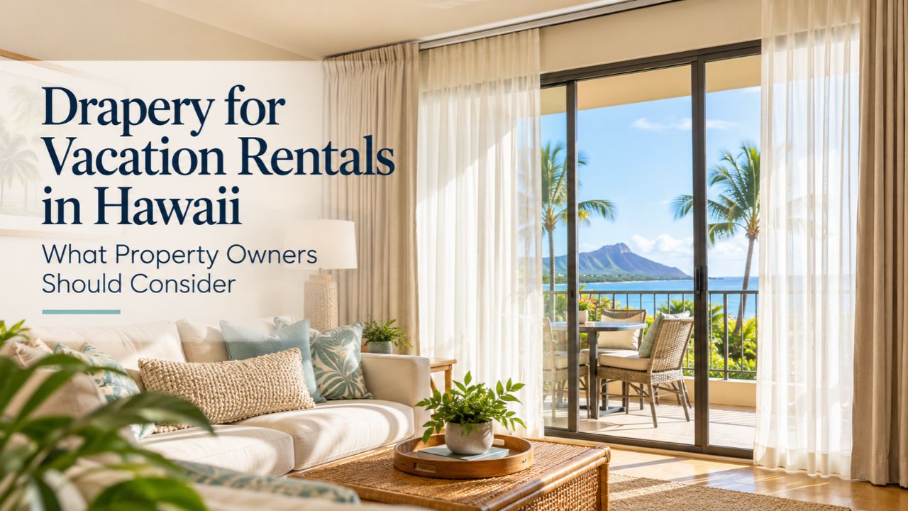 Drapery in a Hawaii vacation rental living room with ocean views.
